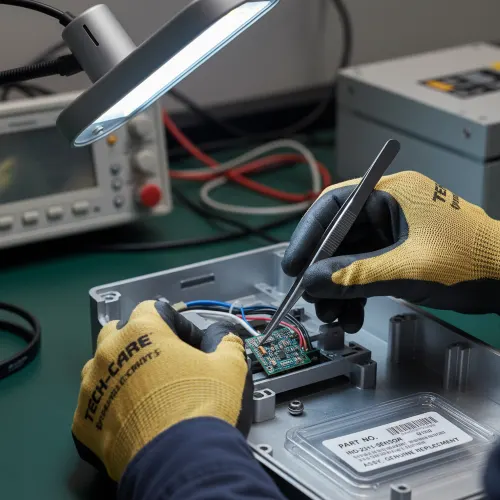 تکنسین ماهر در حال تعویض یک برد الکترونیکی کوچک و پیچیده