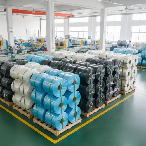 چندین رول بزرگ نایلون و نایلکس رنگی و شفاف که به صورت منظم در انبار یک کارخانه چیده شده‌اند و نشان‌دهنده تولید انبوه است.