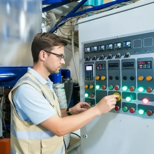 مهندس فنی متخصص شرکت دهقانی پلاستیک در حال بررسی و تنظیم پنل کنترل دستگاه تولید نایلون و نایلکس در کارخانه.