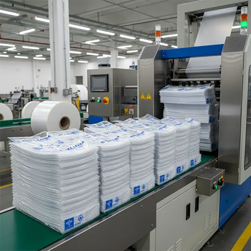 بسته‌های مرتب و آماده کیسه‌های پلاستیکی (مانند کیسه فریزر یا نایلکس) که در انتهای خط دوخت روی هم چیده شده‌اند.