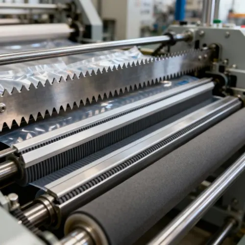 کلوز آپ قطعات دستگاه تولید کیسه فریزر شامل تیغه پرفراژ، المنت دوخت و غلطک تفلون