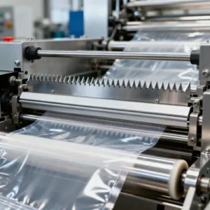 نمای نزدیک اجزای صنعتی ماشین تولید کیسه فریزر شامل تیغه‌های دارای سوراخ، میله‌های دوخت حرارتی، و غلطک‌های پوشش داده‌شده با تفلون، ساخته‌شده از فلز صیقلی، با تمرکز بر دقت ساخت و کیفیت مواد، پس‌زمینه کارخانه به‌صورت مات.﻿