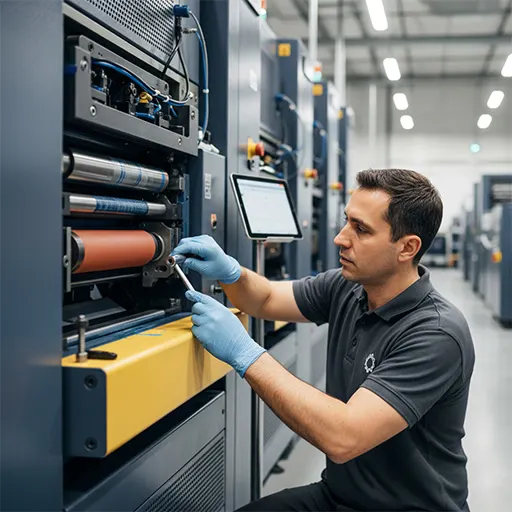 تکنسین در حال تنظیم دقیق واحد چاپ و کلیشه دستگاه چاپ فلکسو