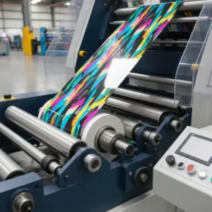 رول نایلون چاپ شده با کیفیت بالا در حال خروج از دستگاه چاپ فلکسو