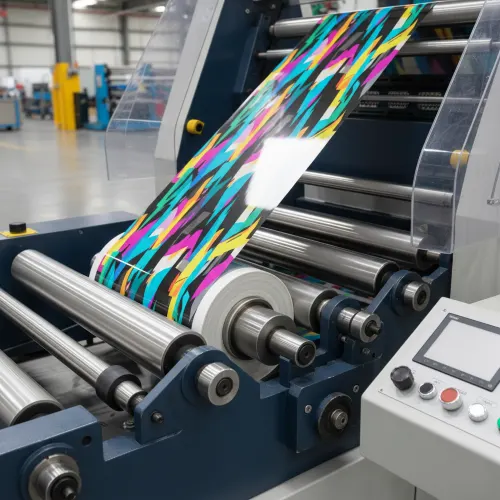 رول نایلون چاپ شده با کیفیت بالا در حال خروج از دستگاه چاپ فلکسو